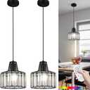 Battery Operated Pendant Lights,Rechargeable Pendant Light with Remote,Crystal Pendant Light Fixtures for Kitchen Island,Black Modern Hanging Lights for Bedroom,Dining Room Hallway Entryway(2 Pack)