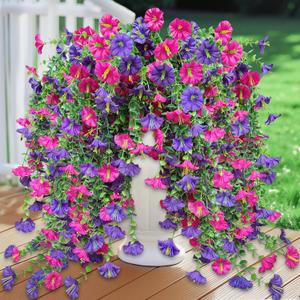 4PCS Artificial Fake Hanging Flowers Plants for Outdoor, Summer Faux Petunias with Eucalyptus Leaves,Silk Morning Glory UV Resistant Look Real for Planter Gardens Balcony Porch Indoor(Purple Mix)