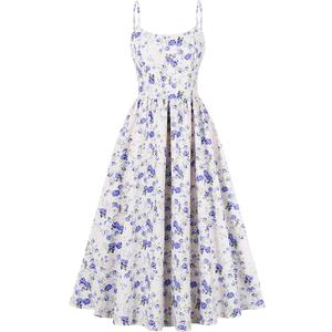 Women Floral Corset Dress Low Cut Spaghetti Straps Summer Dresses Boho Flowy Midi Dress Casual Sundress (Medium, Blue)