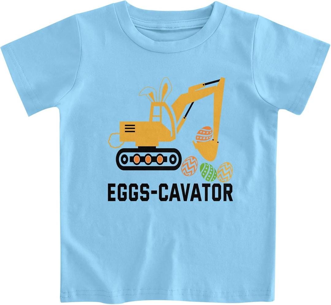 Lovekider Kids Easter Shirt Outfits 3-4 Years Old Toddler Happy Easter T-Shirt Short Sleeve Boys Girls Eggs-cavator Blue Tee Clothes