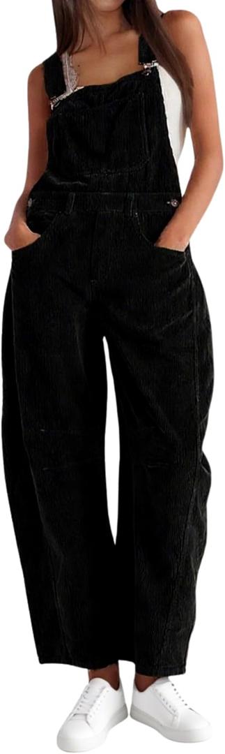 AMEBELLE Corduroy Overalls for Women Barrel Wide Leg Bib Corduroy Pants Women Adjustable Romper Jumpsuit with Pockets (Large, Black)