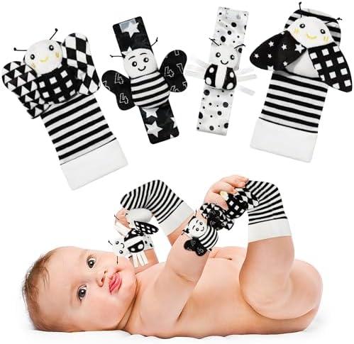 Yeeeasy Baby Rattle Cotton Socks and Wrist Rattle Strap Set, Infant Toys 3 6 9 12 Months, Baby Gifts for Boys and Girls, Develop Babies Sensory Toys, Black and White 3 pack