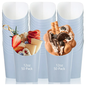 Sabary 50 Pcs Charcuterie Cups, 12 Oz Paper Snack Appetizer Cups, French Fry Holder Brown Kraft, Disposable Popcorn Boxes Cones for Graduation Baby Shower Birthday Party Waffle Food Takeout(Blue)