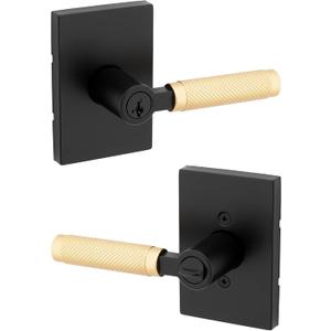 Kwikset Prava Entry Door Handle with Lock and Key, Secure Keyed Reversible Lever Exterior, for Front Entrance and Bedrooms, Matte Black and Satin Brass, Pick Resistant Smartkey Security and Microban