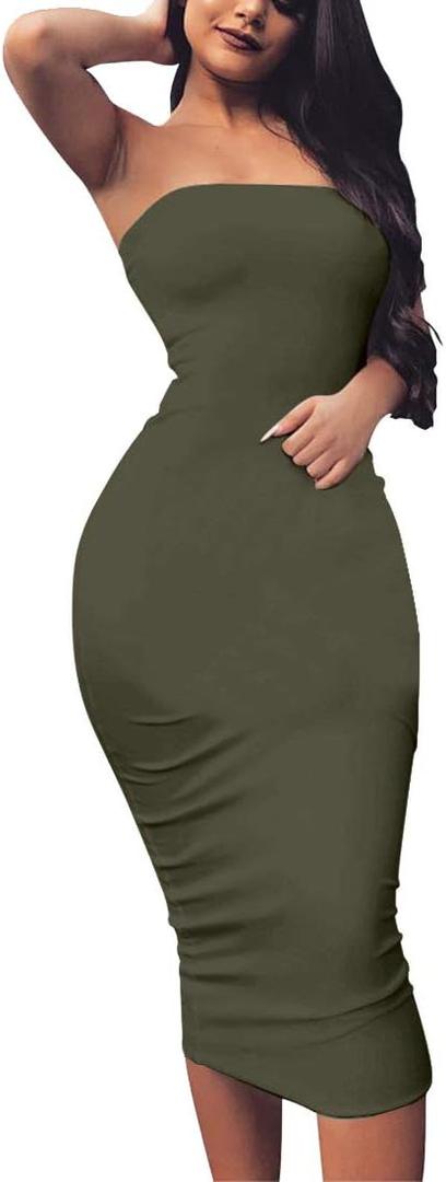 BORIFLORS Women's Basic Sleeveless Tube Top Sexy Strapless Bodycon Midi Club Dress (Large, Army Green)