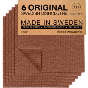 SUPERSCANDI 6 Pack Swedish Dishcloths for Kitchen - 100% Biodegradable & Compostable Reusable Paper Towels Washable, Food-Safe & Without Plastic - Dish Rags Suitable for Any Surface, Brown
