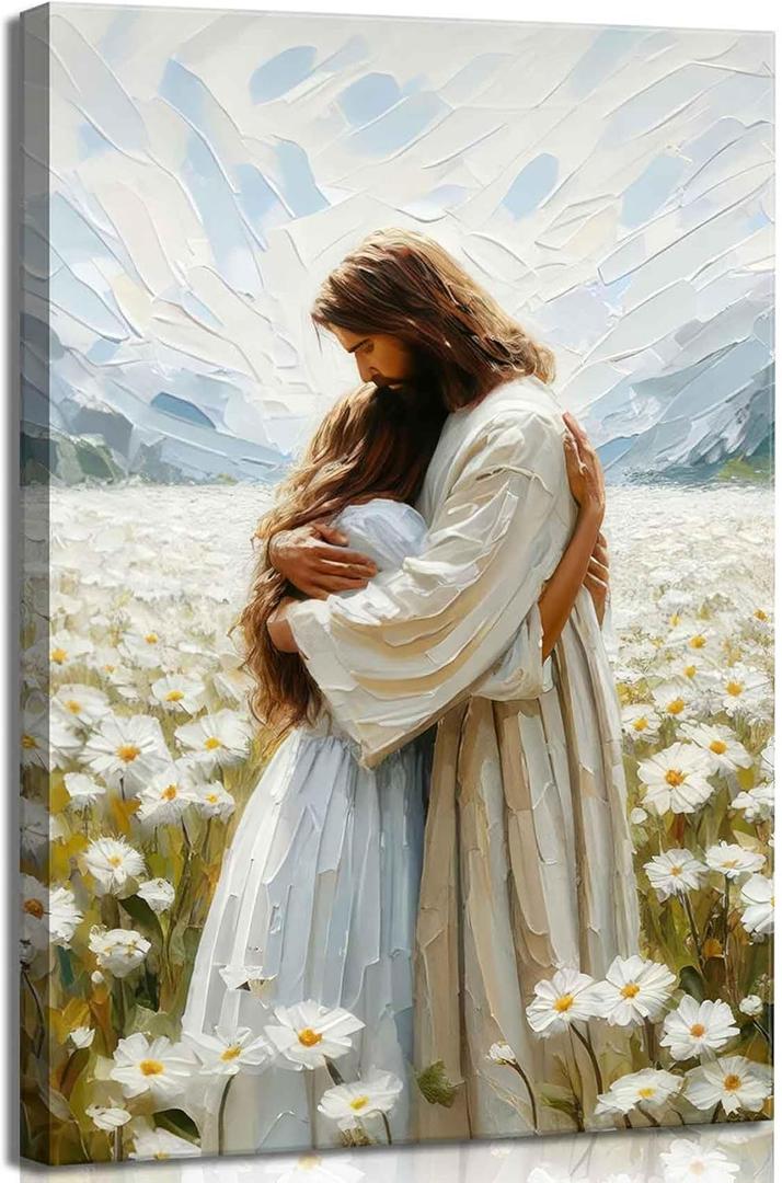 Frame Jesus Hugging Girl Canvas Wall Art Jesus and Woman Wall Decor Pictures Modern Christian Healing Embrace Mormon Prints Posters for Hallway Bathroom Dining Living Room Kitchen Wall Bedroom Decoration 16x24in