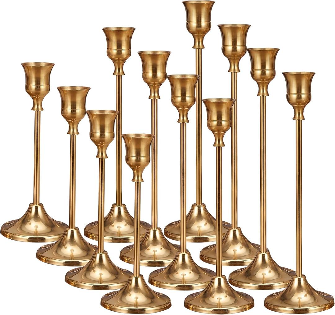 Brass Taper Candle Holders 4 Sets(12 Pcs) - Tall Metal Candlestick Holders for Table Centerpiece, Formal Dinner, Wedding, Fireplace Mantel Decor, Fits 3/4 Inch Thick Candles