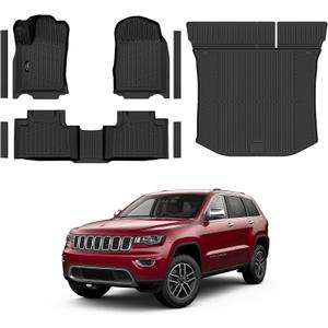 Floor Mats & Trunk Mat Custom for Jeep Grand Cherokee & Dodge Durango 2016-2021/Grand Cherokee WK 2022 (Not for L) All Weather TPE Rubber Cargo Liner Automotive Full Set Accessories- Black