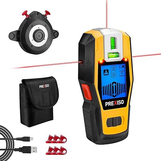 PREXISO 2in1 Stud Finder with Laser Level, Rechargeable Multi Surface Cross Line Laser & Wall Stud Scanners Tool for Hanging Frames & Picture, Wood Ac Wire Metal Studs Joist Pipe Detection