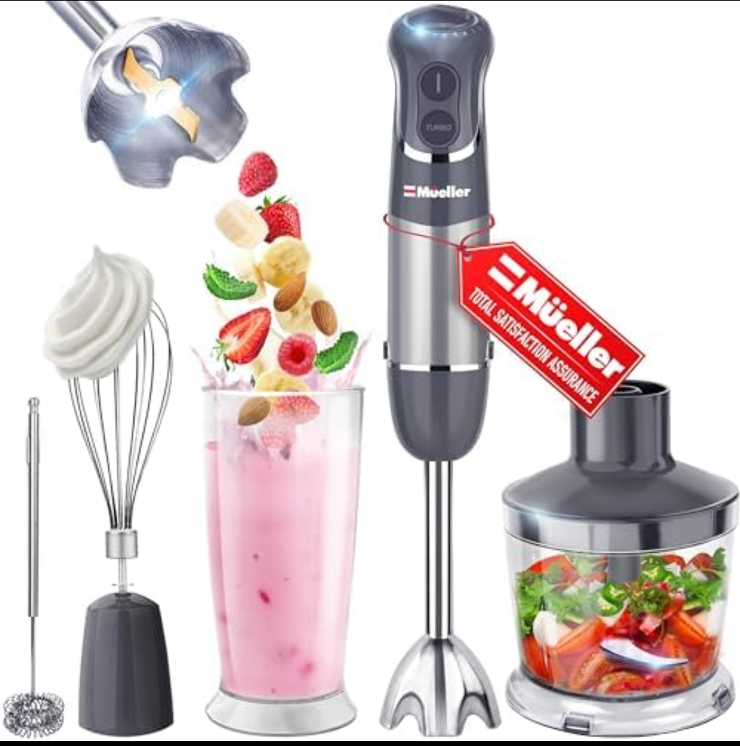 Mueller Multistick Set of 3 4-in-1 Immersion Blender Handheld, 12 Speed Hand Mixer - Turbo Boost, Heaviest Duty Copper Motor, Titanium Blades Hand Blender, Milk Frother Wand, Whisk, Beaker, Chopper, Grey Condition May Vary