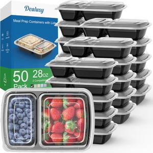 Dealusy 50 Pack (100-Piece) 28 oz Meal Prep Containers Reusable with Lids 2-Compartment, Sturdy Leakproof Food Safe, Microwave Freezer Dishwasher Safe, To Go Take Out Plastic Food Storage, Black