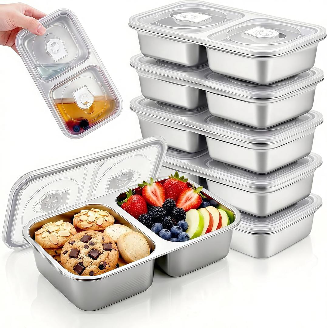 6 Pack Stainless Steel Snack Containers, 2 Compartment Reusable Metal Snack Boxes Containers with Leak-Proof Lids, Compact Lunch Box Food Storage Container