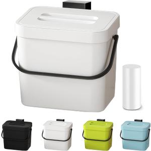 Kitchen Compost Bin - 1.8 Gallons Hanging TrashCan with Lid for Kitchen Cabinet Door, Under Sink, Wall Mounted Waste Bin for Bathroom, 7L(White)