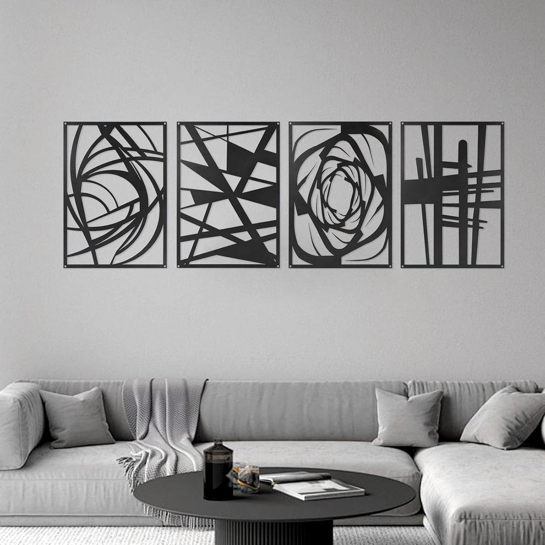4 Pieces Black Abstract Metal Wall Art, Modern Minimalist Matte Wall Decor, 3D Textured Wall Sculptures, Black and White Wall Art for Living Room Bedroom Bathroom Study Office (15.7 x 10.6inch) (Abstract)