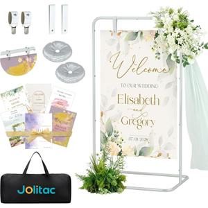 Jolitac Wedding Welcome Sign Holder, Adjustable Wedding Sign Stand Leather Hanging Straps & Design Bundle Heavy Duty Metal Easel Stand for Seating Charts, Bridal Showers, Birthday Party Displays (White)