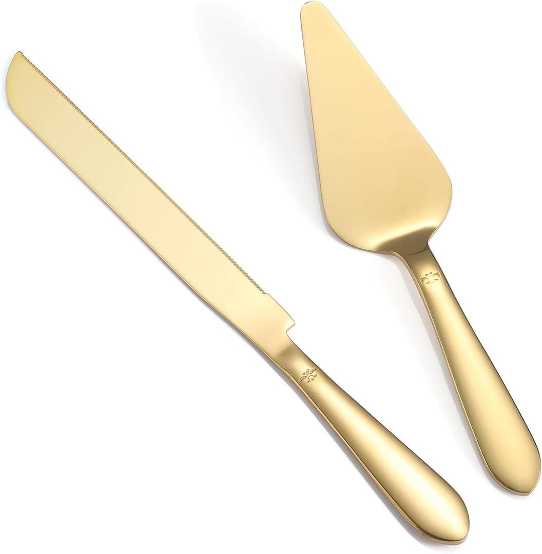 Cake Cutting Set for Wedding, Elegant Cake Knife and Server Set with Thickened Stainless Steel Rounded Edges, Cake Cutter Pie Spatula for Birthday Anniversary Christmas, 2 Pcs, Gold (13.0 Inch)