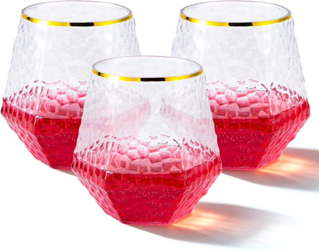 Goodluck 48 PCS Diamond Stemless Plastic Wine Glasses, 12 Oz Disposable Fancy Plastic Cups, Suitable for Weddings, Birthday Parties, Family Gatherings, Bars, etc Hammered Gold rimmed cups