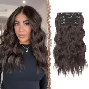 FESHFEN Clip in Hair Extensions 4PCs Long Wavy Curly Thick Hairpieces Full Head Natural Synthetic Extension for Women, 16 Inch Black Brown
