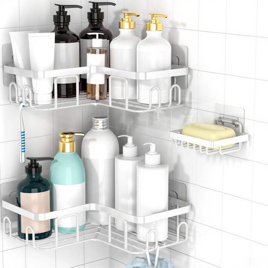 Moforoco Corner Adhesive Shower Caddy, with Soap Holder and 12 Hooks, Rustproof Stainless Steel Bathroom Organizer, No Drilling Wall Mounted Rack, Black, 3-Pack(White)