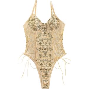 Lilosy Women Sexy Lace Up Floral Embroidered Teddy Lingerie Bodysuit Top Mesh Sheer One Piece (Size Small, Beige)