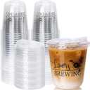 Jingmore 50 Set Plastic Round Bottom Cups with Strawless Plastic Lids Bridal Shower Coffee Drinking Cup 12oz Baby Shower Party Disposable Cups for Wedding Anniversary(Love is Brewing)
