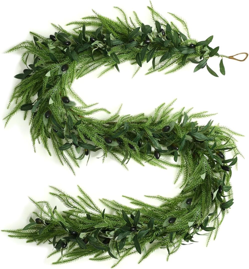 2026New 9FT Christmas Garland Norfolk Pine Garland Olive Garland Vine Wreath Real Touch Artificial Faux Greenery Wreath, for Table, Mantle, Wall, Indoor, Outdoor Christmas Decorations (1PC)