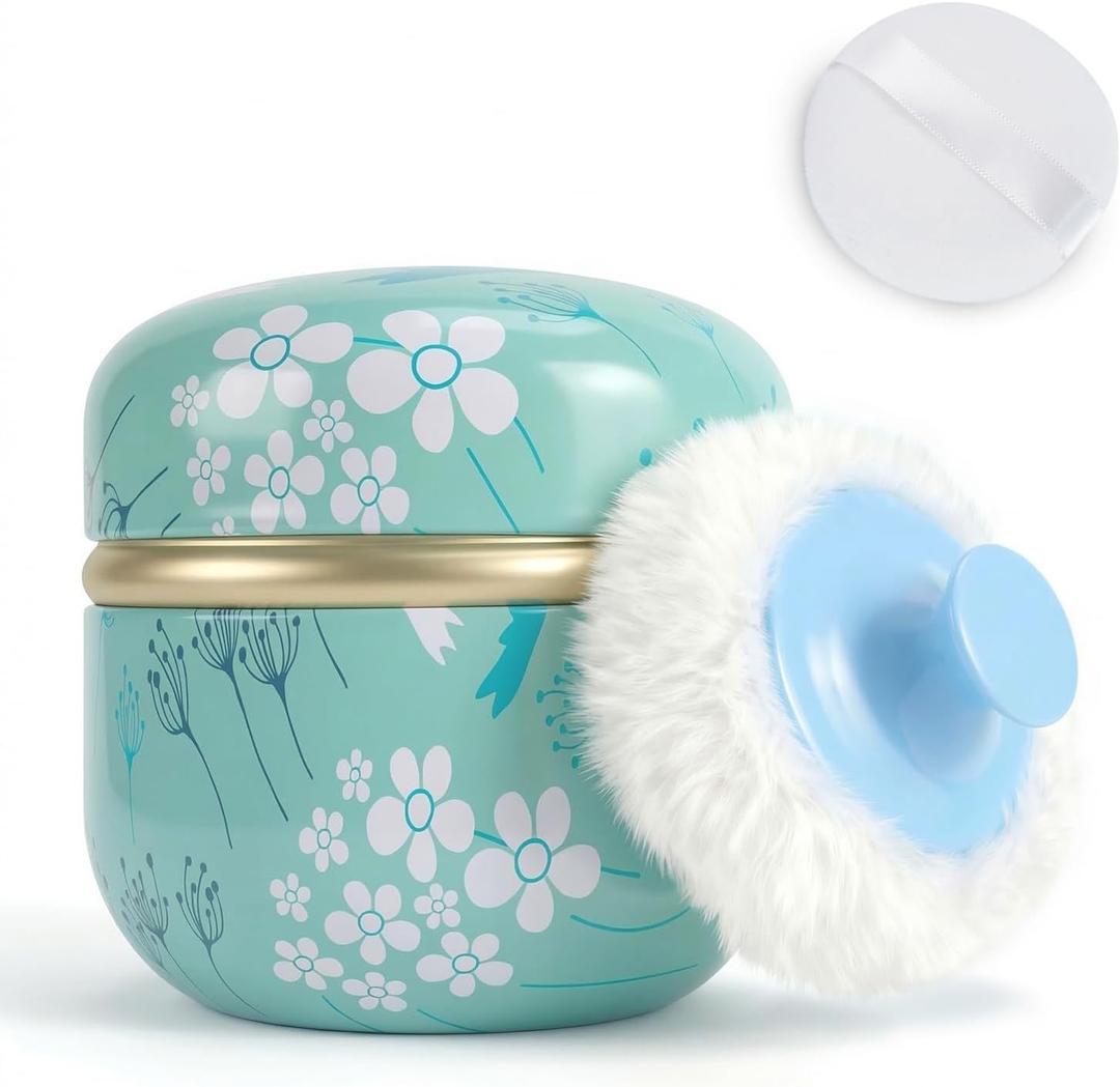 SHIMIDO Body Powder Puff and Container, 3.15" Portable Empty Powder Case Box with Lids for Baby, Women's, Travel and Home Use (White Flowers)