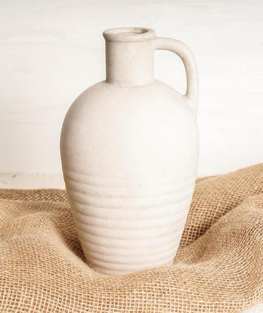 White Ceramic vase with Handle, 10inch Boho Unique Textured Pottery, Rustic Farmhouse Decorative Terracotta vases for Flowers, Centerpieces, Living Room. (Athenia)