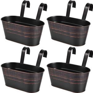 OBTANIM 4 Pack Metal Hanging Flower Pots Iron Railing Planter Outdoor Fence Hanging Pots Bucket Plant Holder with Detachable Hooks Drain Holes for Home Garden Yard Decor (Black)