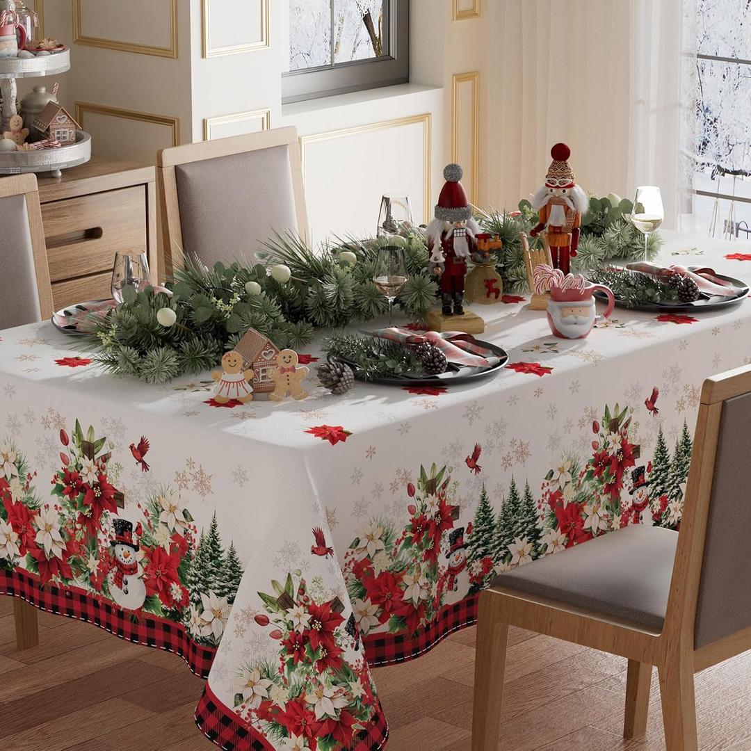 XCHI Red Plaid Poinsettia Winter Snowman Christmas Tree Tablecloth Rectangle Christmas Table Cloth Washable Table Covers for Indoor Dining Home Party Xmas Decorations 60x120 Inch