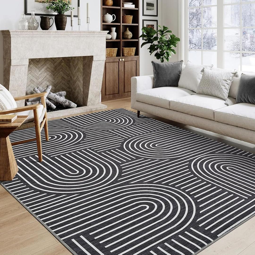 ROYHOME Washable Rug 5x7 Area Rugs for Living Room, Abstract Rug for Bedroom, Soft Rainbow Non Slip Throw Rugs with Rubber Back, Low Pile Stain Resistant Boho Geometric Carpet for Dining Room, Black