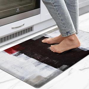 Red Grey Anti-Fatigue Kitchen Mat - Abstract Art Painting Waterproof Non-Slip PVC Floor Rug for Home, Sink, Laundry