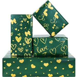 Love Heart Wrapping Paper,4 Folded Sheets Green with Gold Gift Wrapping Paper Love Pattern Craft Paper with Glod Ribbon for Wedding Valentine's Day Women Man Girl Boy Gift Wrap Supplies,28x20 inches