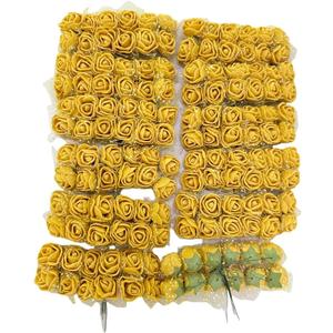 144pcs Mini Artificial Rose Flower Heads and Soft Stem,25mm PE Tiny Rose add Gauze for DIY Wedding Make Bridal Hair Clips,Cake Top,Wrist Corsage Boutonniere,Wreath Bracelet Flower (Gold)