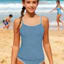 Girls Swimsuit Solid Color Tankini Contrast Trim Swimwear 2 Piece Bathing Suit Padded Swimsuits for Teens 9-16Y (Blue, M)
