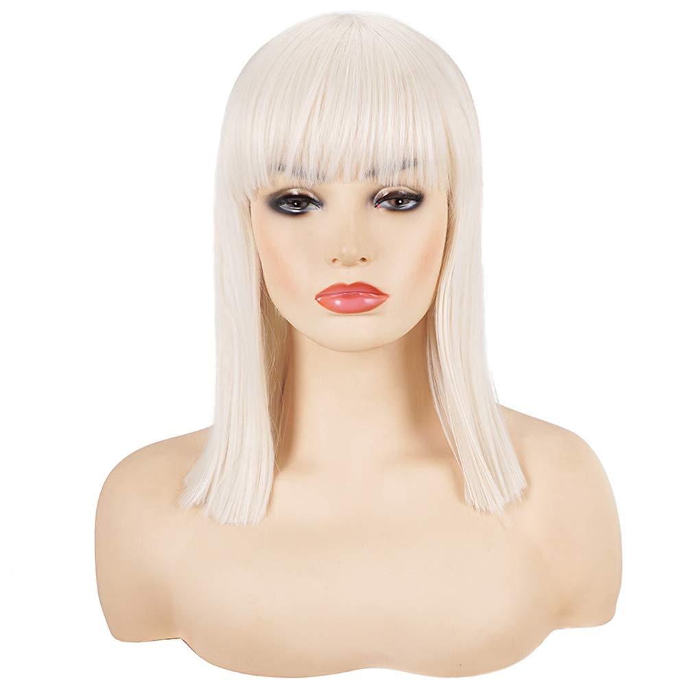 morvally Short Straight Bob Wig Heat Resistant Hair with Blunt Bangs Natural Looking Cosplay Costume Daily Wigs (14", Blonde)