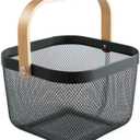 AJIODA Metal Mesh Steel Basket, Storage Organizer Basket Multi-functional Hanging Kitchen Baskets Fruit Basket Bin with Bamboo Handle for Kitchen Bathroom Picnic Shopping Decor Cabinet Home, Black
