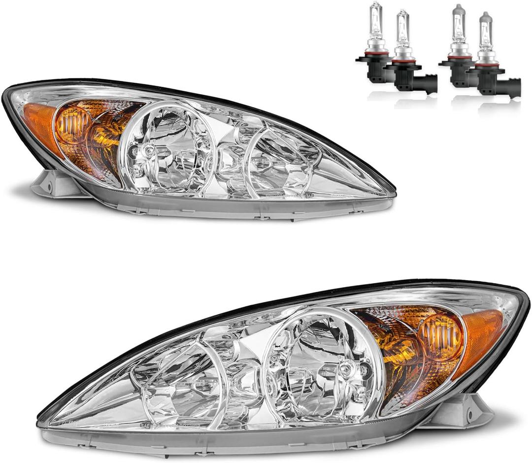 Headlights Assembly for 2002-2004 Toyota Camry LE XLE Headlamp Replacement Chrome Housing Amber Reflector Driver & Passenger Side (Chrome | With High & Low Beam Bulbs)