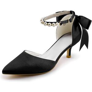 Coutgo Womens Pearl Ankle Strap Pumps Low Kitten Heel D'Orsay Satin Back Tieknot Heels Pointed Toe Wedding Party Dress Shoes 7.5