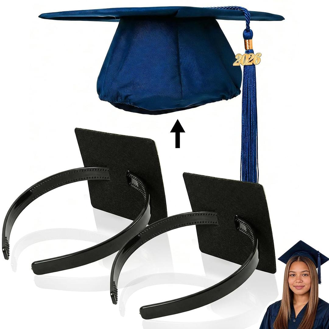 OCQOTAT 2 Pack Graduation Cap Headband,Black Anti-Fall Firm Hairband with Adhesive Insert,Secures Graduation Cap&Hairstyle, Essential Hat Accessories for Graduates,Students,Girls,Not including Caps