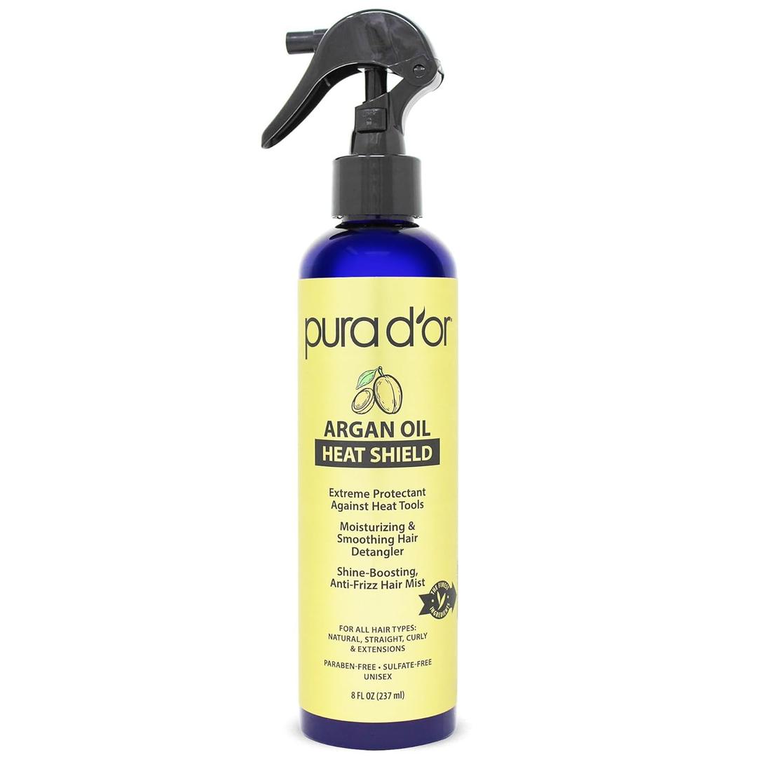 PURA D'OR 8 Oz Argan Oil Heat Shield Protectant Spray with Select Organic Ingredients, Protects Up To 450 F From Flat Iron & Hot Blow Dry, Leave-In, Define & Shine Dry & Damaged Hair