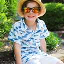 RAISEVERN Boys Button Down Shirts Hawaiian Cartoon Print Slim-Fit Short Sleeve Cool Dress Shirt Cute Top for Kids(2-10T) (White)