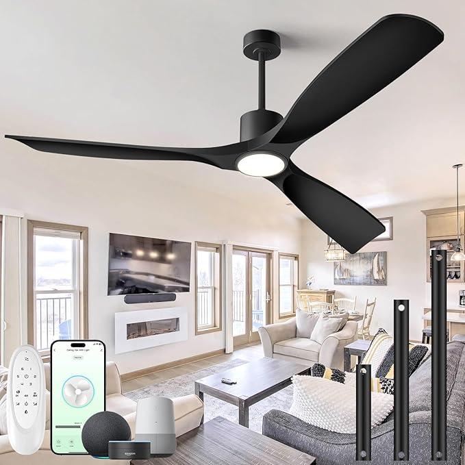 60" Smart Ceiling Fan with Lights,Outdoor Ceiling Fan 3 Blade,Work with Alexa/Gg/App/Remote,3-Color Light 6-Speed Quiet Reversible DC Motor for Patio Porch Bedroom,Black