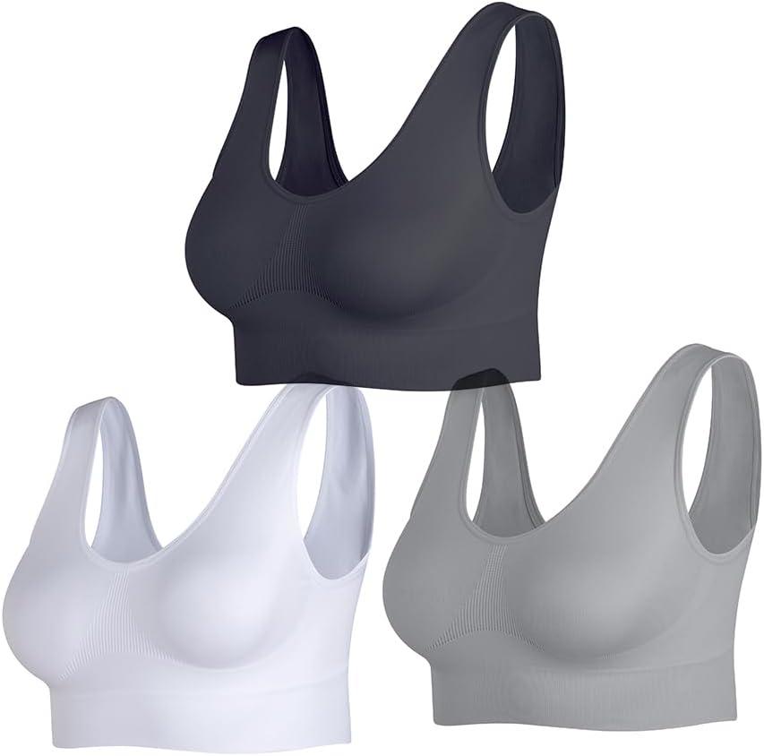 Women's Wireless Sleep Bras Unpadded Seamless Comfort Bras Throw-on Wirefree Bralettes 3 Pack (Black/White/Grey)