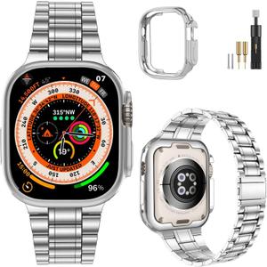 MioHHR Solid Stainless Steel Band Compatible with Apple Watch 49mm Ultra 3/2/1, Metal Strap with Soft TPU Case for iWatch Series Ultra 3/2/1 49mm Women and Men, Silver