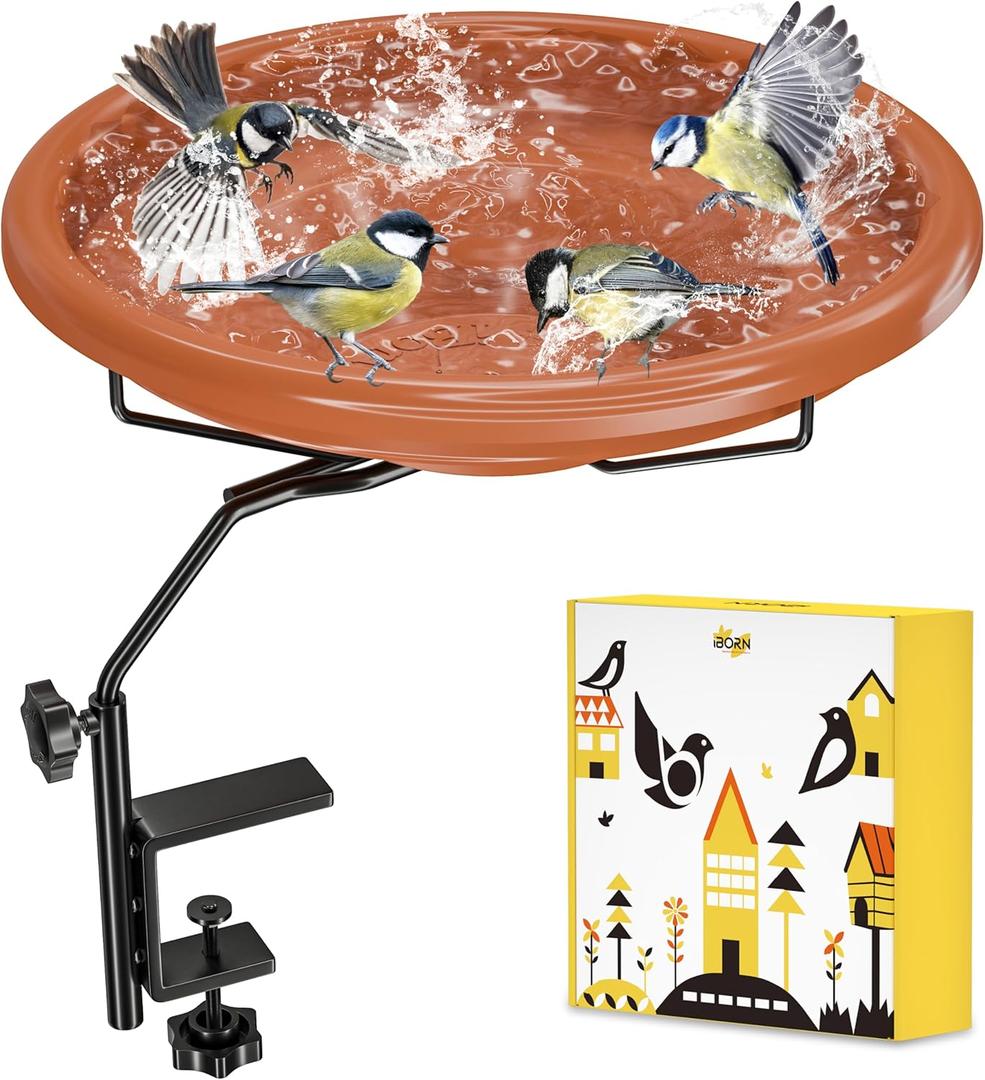iBorn Bird Bath for Outside,Deck Mounted Bird Bath 12inBirds Baths for Outdoors with Adjustable Clamp 3.2inBPA-Free Bowl360Swivel & Adjustable Height BracketDetachable Birds Baths, Pack of 1