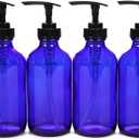 Vivaplex, 4, Large, 8 oz, Empty, Cobalt Blue Glass Bottles with Black Lotion Pumps
