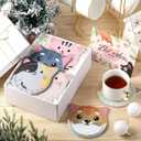 6 Pcs Christmas Cat Coasters for Cats Lovers Gifts with Wish Card and Gift Box Cute Ceramic Cat Ears Drink Coffee Coaster Non-Slip Absorbent for Christmas Birthday Coffee Bar House Warming Gifts