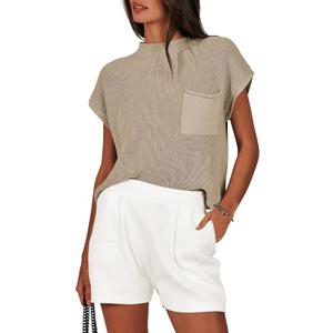 ANRABESS Women's Two Piece Summer Outfits Knit Sweater Short Sets Pullover Tops & Shorts Lounge Matching Clothes Set (Large, Khaki White)